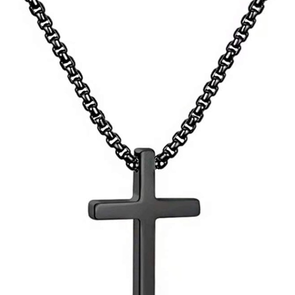 Sleek Black Cross Pendant Necklace, Stainless Steel
